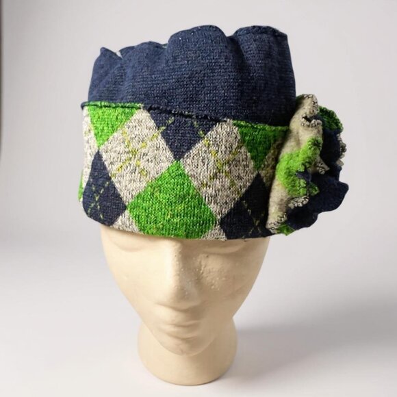 Unique Argyle Pattern‎ Cloche Hat With Floral Accent Blue & Green - Picture 2 of 7